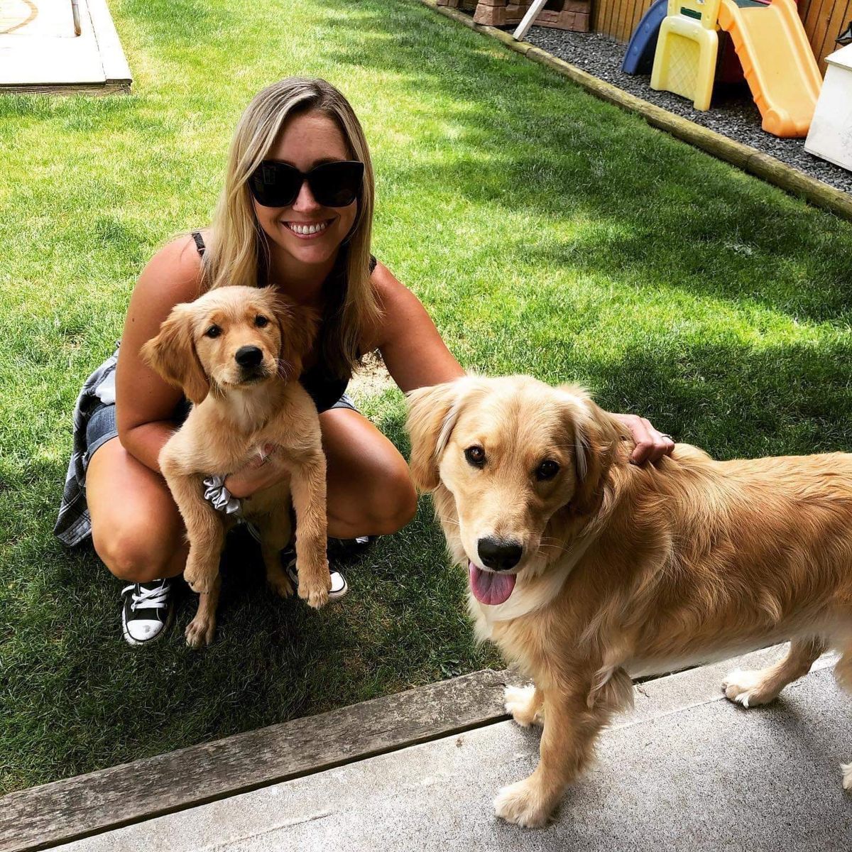 A woman with her new puppy and her grown Golden Retriever
